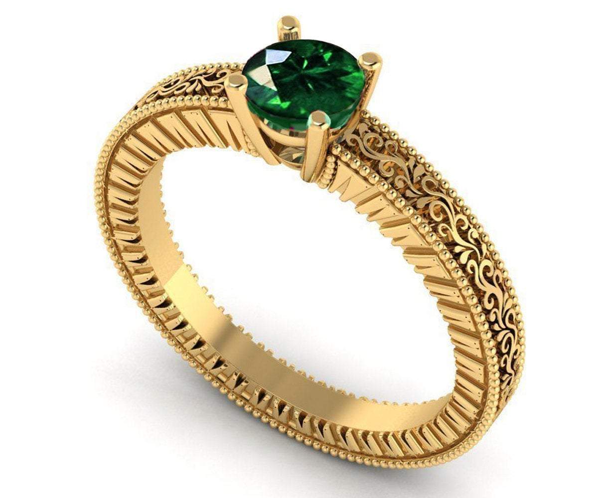Solitaire Filigree Emerald Ring Unique Green Emerald Engagement Ring Milgrain Ring 18K Yellow Gold Ring - Lianne Jewelry
