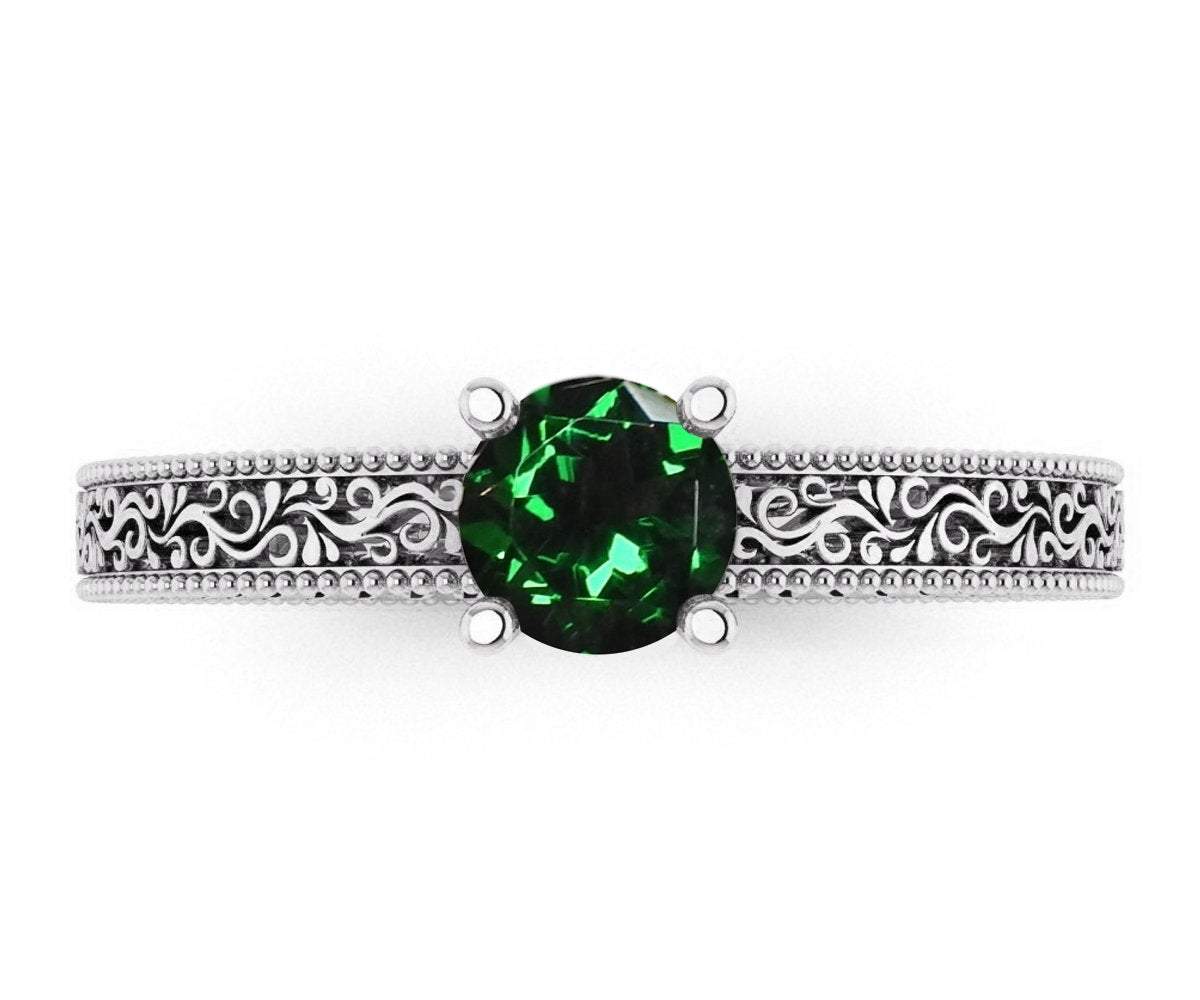 18K White Gold Solitaire Filigree Emerald Ring Unique Milgrain Engagement Ring