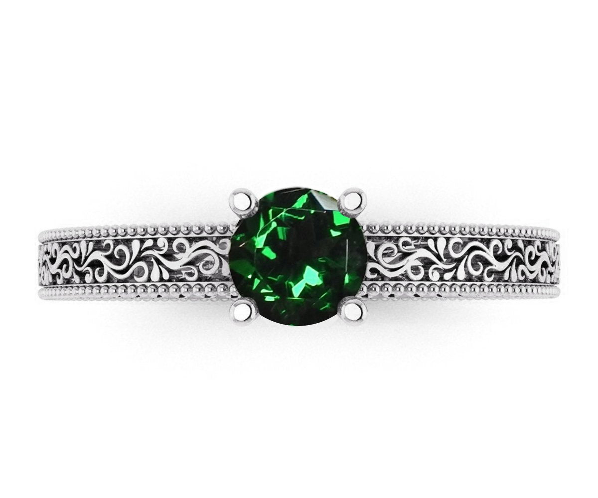 Silver Emerald Solitaire Engagement Ring Filigree Ring Unique Emerald Ring Milgrain Ring