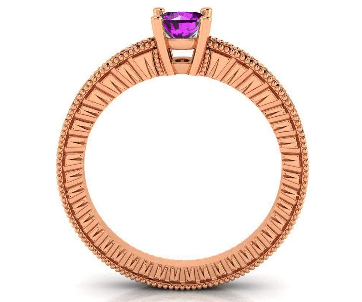 18K Rose Gold Solitaire Filigree Amethyst Ring Unique Purple Amethyst Engagement Ring  Milgrain Ring Ring
