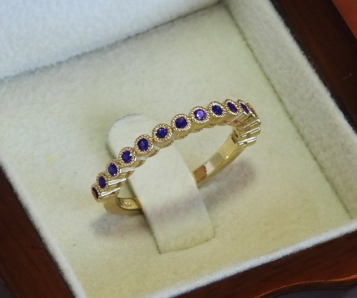 Gold Stacking Ring, Gift for 15th Anniversary, Sapphire band ring, Milgrain Wedding Eternity Band, Eternity Ring, September Birthstone