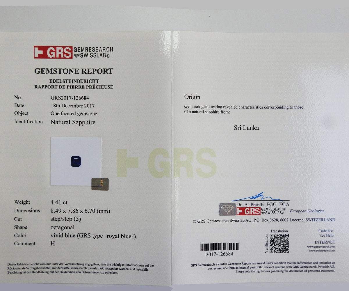 Blue Sapphire Fine Gemstone Certified by GRS 4.41 ct Octagon cut Emerald shape Genuine Sapphire for Collectors or for Valentines as Pendant - Lianne Jewelry