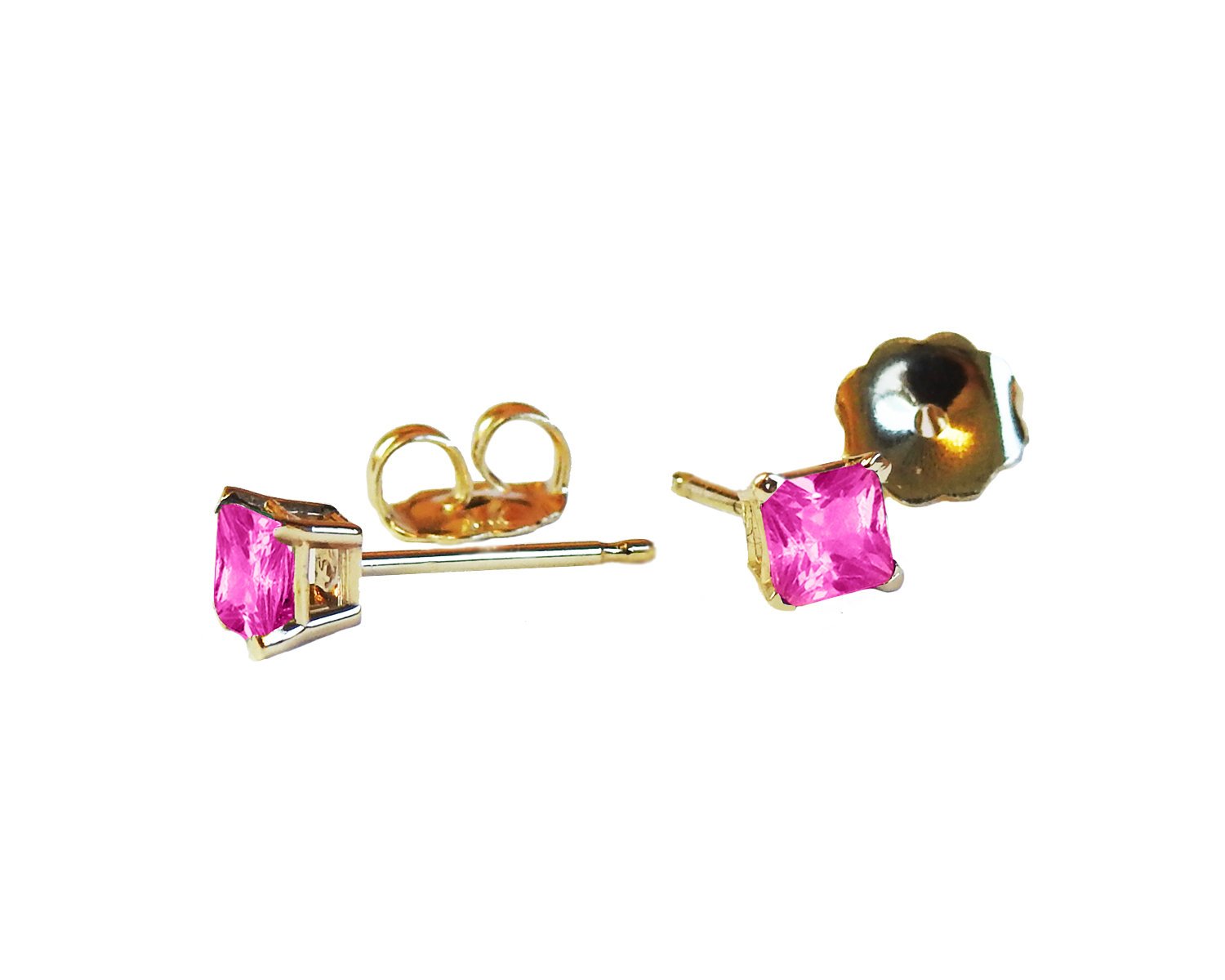 14K Gold Pink Studs Princess Earrings Girls Pink Sapphire Square Earrings Studs Minimalist Earrings Earrings