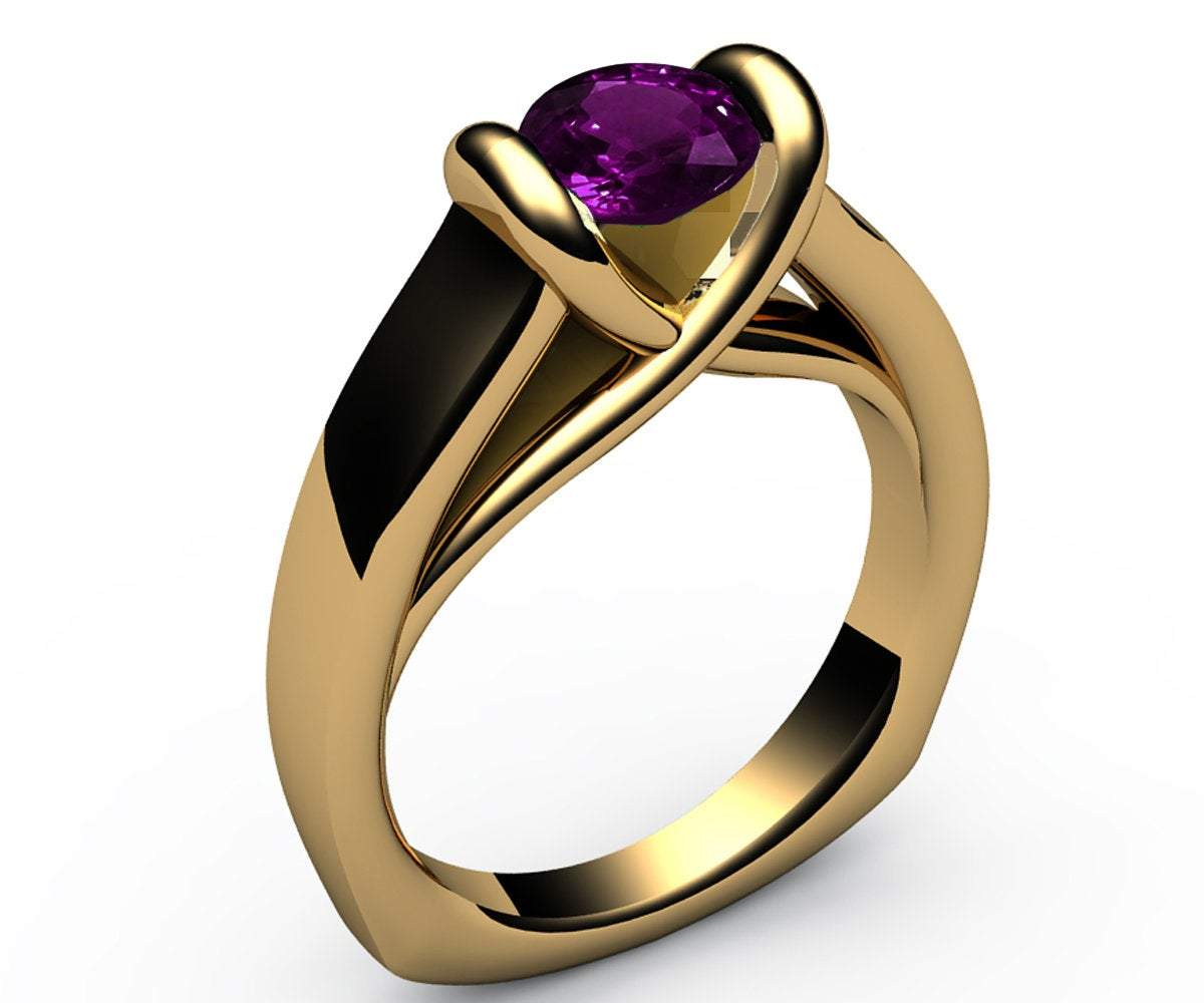 Amethyst Ring Unique Engagement Ring Solitaire Ring Bar setting Tension Heavy Ring 18K Yellow gold For Her as - Lianne Jewelry