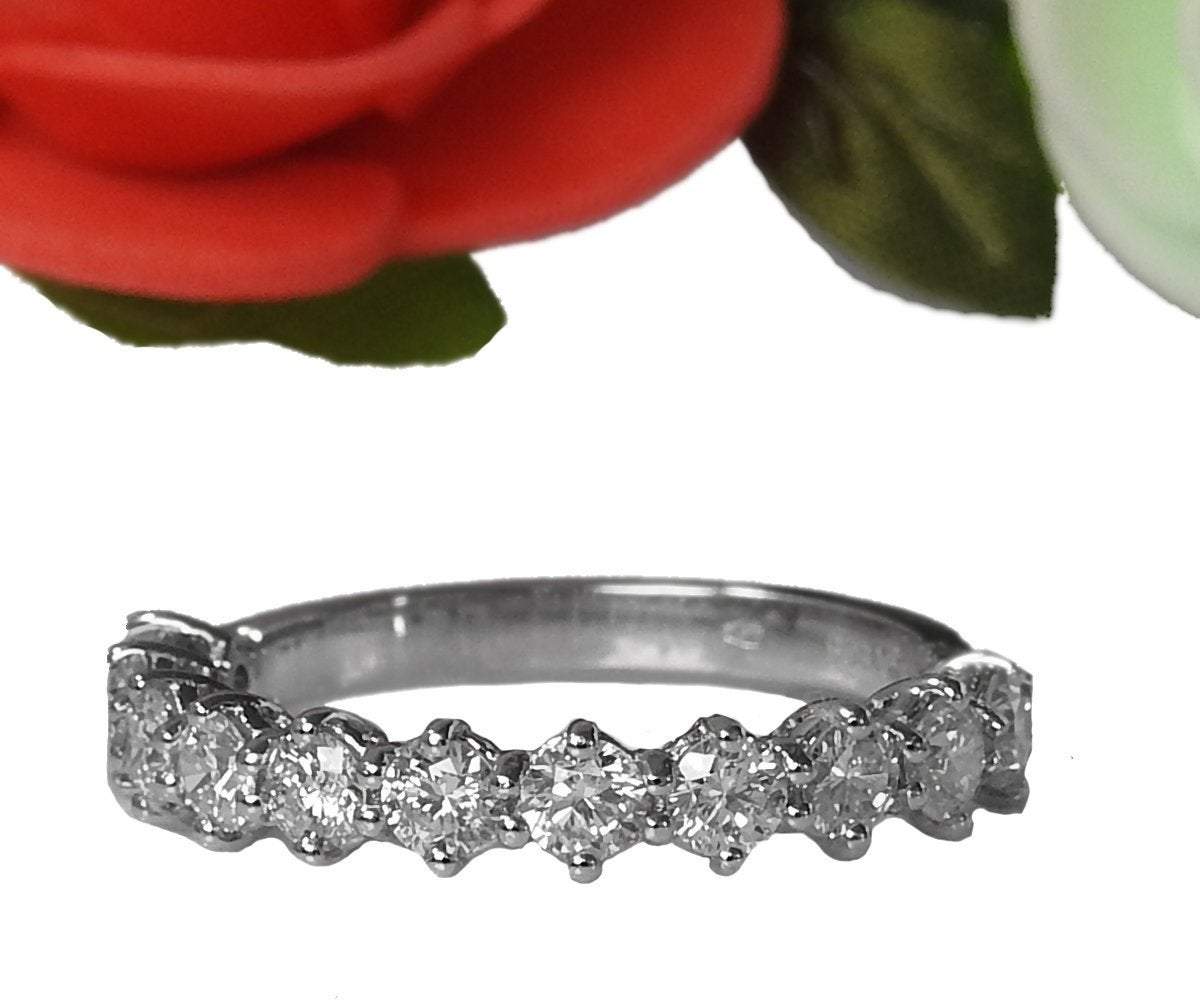 11th Anniversary Band Diamond Wedding band  for Her Half Eternity Stacking ring Minimalist ring 14K or 18K White Gold - Lianne Jewelry