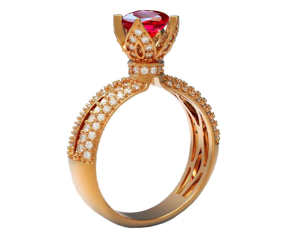 Ruby Crown Ring Filigree Solitaire Red Ring 18K Gold ring Unique Engagement Ring Split Shank Pave setting Ring
