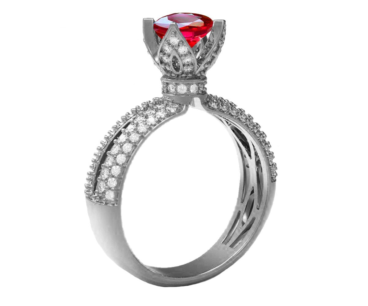 Ruby Crown Ring Filigree Solitaire Red Ring 18K White Gold ring Unique Ruby Engagement Ring Split Shank Pave setting Ring - Lianne Jewelry