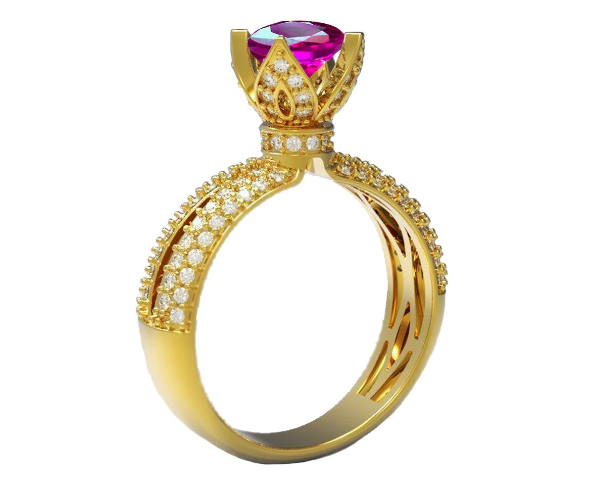 White Gold Amethyst Crown Ring Filigree Solitaire Purple 18K Unique Anniversary Ring Split Shank Pave setting Ring