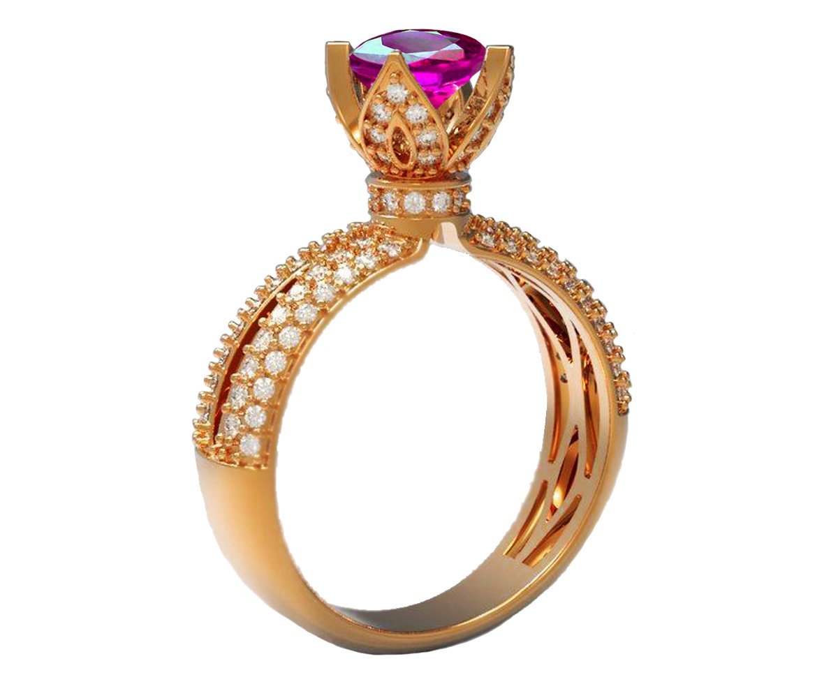 White Gold Amethyst Crown Ring Filigree Solitaire Purple 18K Unique Anniversary Ring Split Shank Pave setting Ring