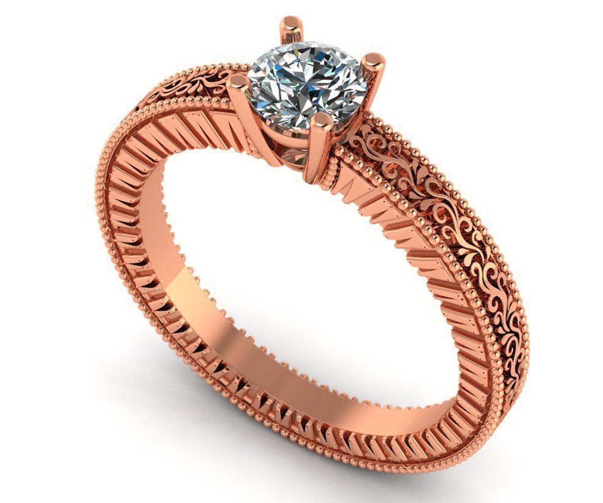 Diamond Solitaire Ring Unique Engagement ring Milgrain Filigree Ring 18K Yellow Gold Engagement Gift - Lianne Jewelry