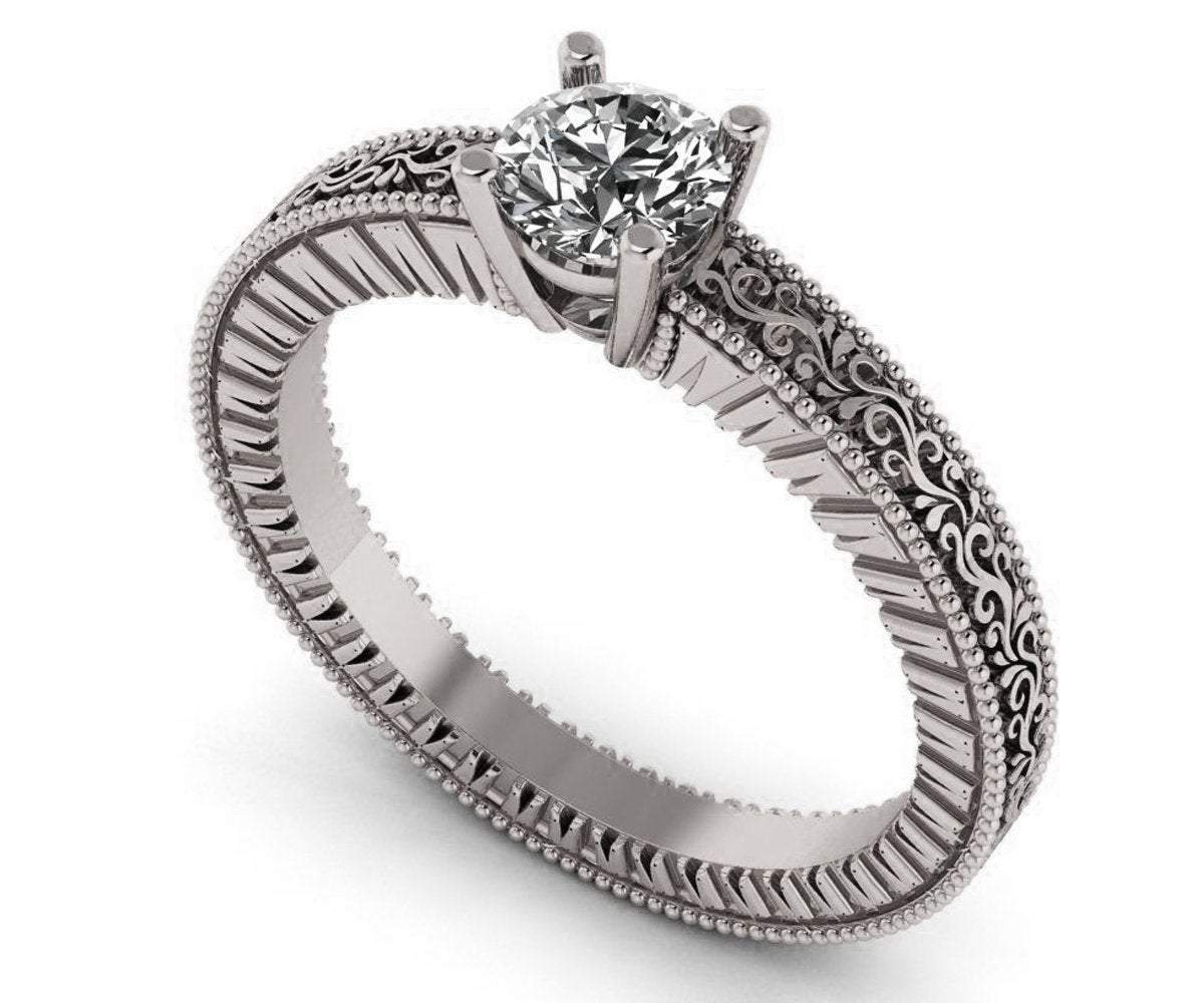 Diamond Solitaire Ring Unique Engagement ring Milgrain Filigree Ring 18K White Gold Engagement Gift - Lianne Jewelry