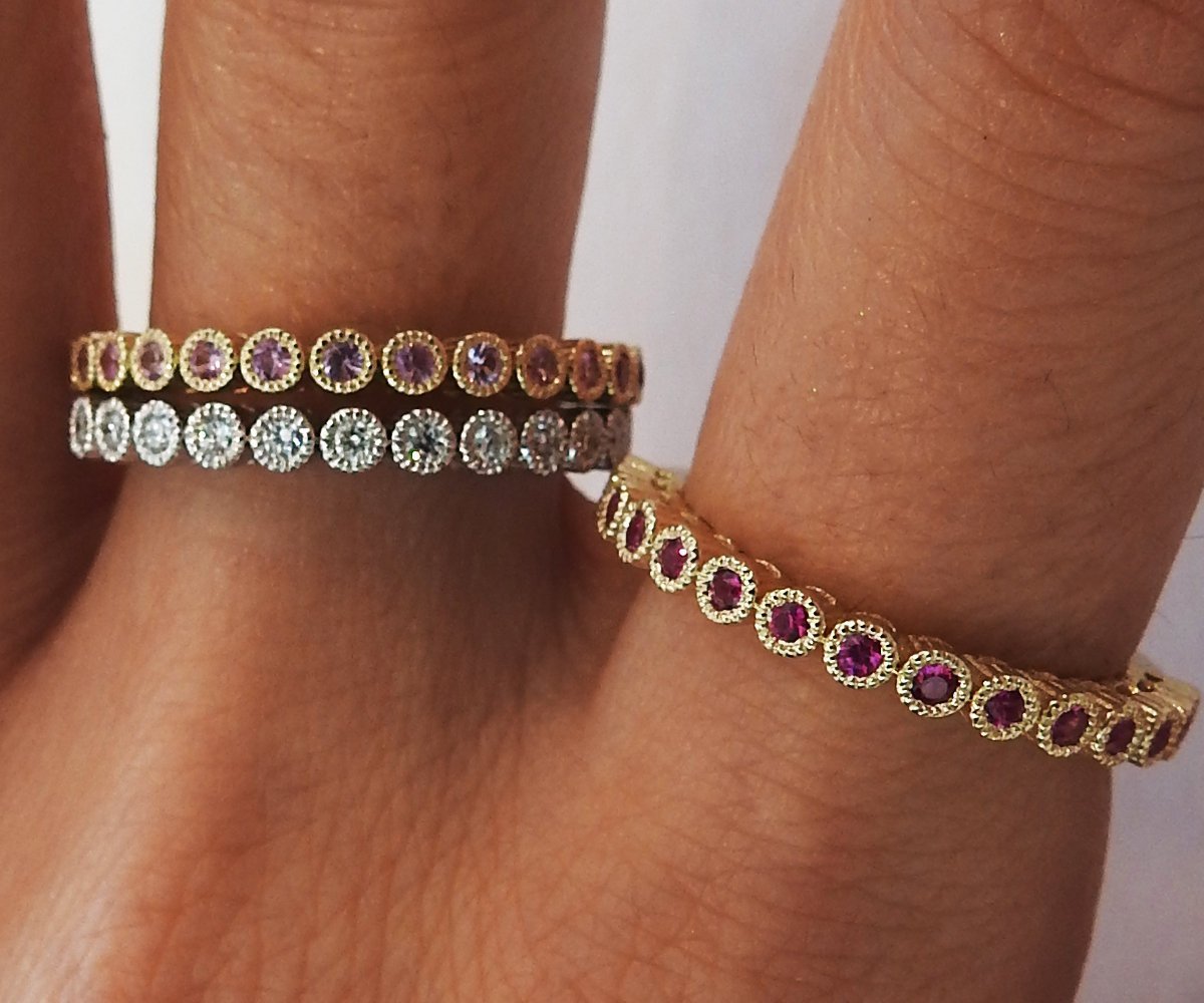 Stacking Rings Bands Jewelry Ring Set Ruby Diamond Pink Sapphire Genuine Gemstones Top Quality 45 stones Anniversary Gift 3 Rings 14K Gold - Lianne Jewelry