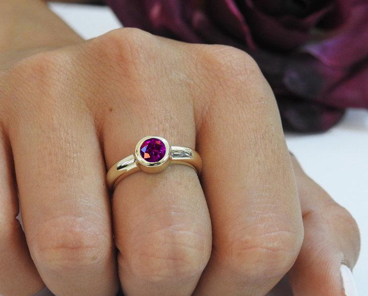 Solitaire Amethyst Ring Halo Ring Engagement Ring Bezel set Purple Genuine Gemstone  in 14K Yellow gold February Birthstone