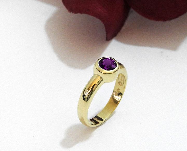 Solitaire Amethyst Ring Halo Ring Engagement Ring Bezel set Purple Genuine Gemstone  in 14K Yellow gold February Birthstone