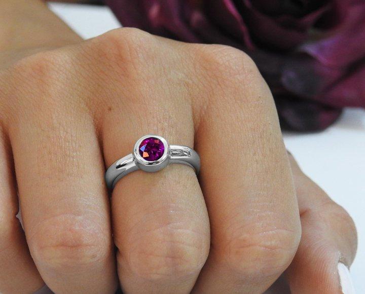 Solitaire Amethyst Ring Halo Ring Engagement Ring Bezel set Purple Genuine Gemstone  in 14K White gold February Birthstone
