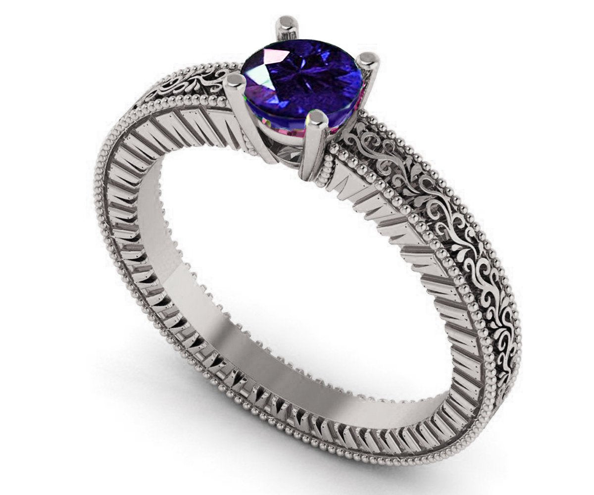 White Gold Solitaire Filigree Sapphire Ring Unique Blue Sapphire Engagement ring Milgrain Ring 18K Ring - Lianne Jewelry