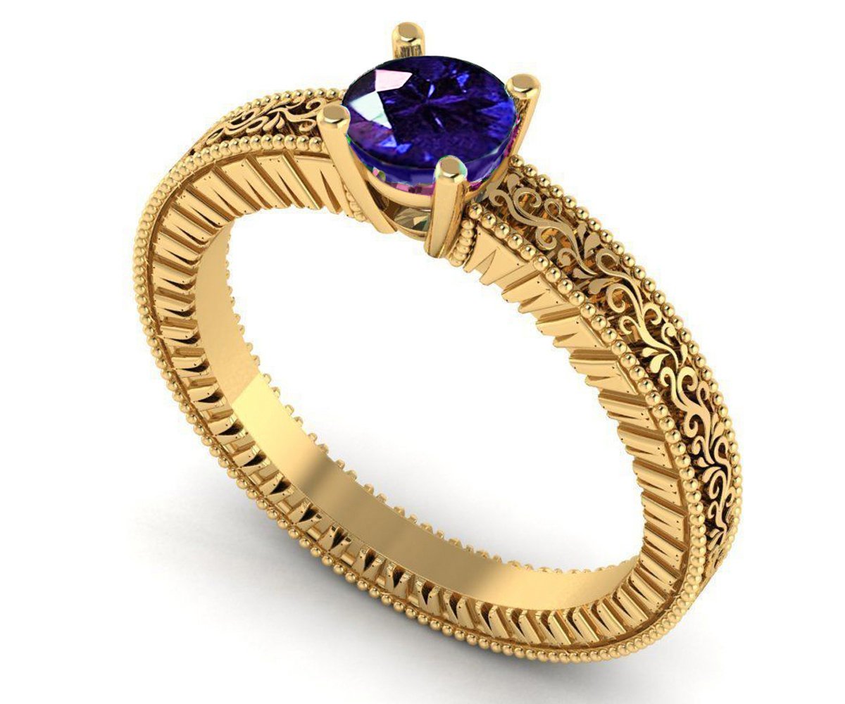 Sapphire Solitaire Filigree Ring, Unique Blue Genuine Sapphire Engagement ring Milgrain Ring 18K Yellow Gold Ring - Lianne Jewelry