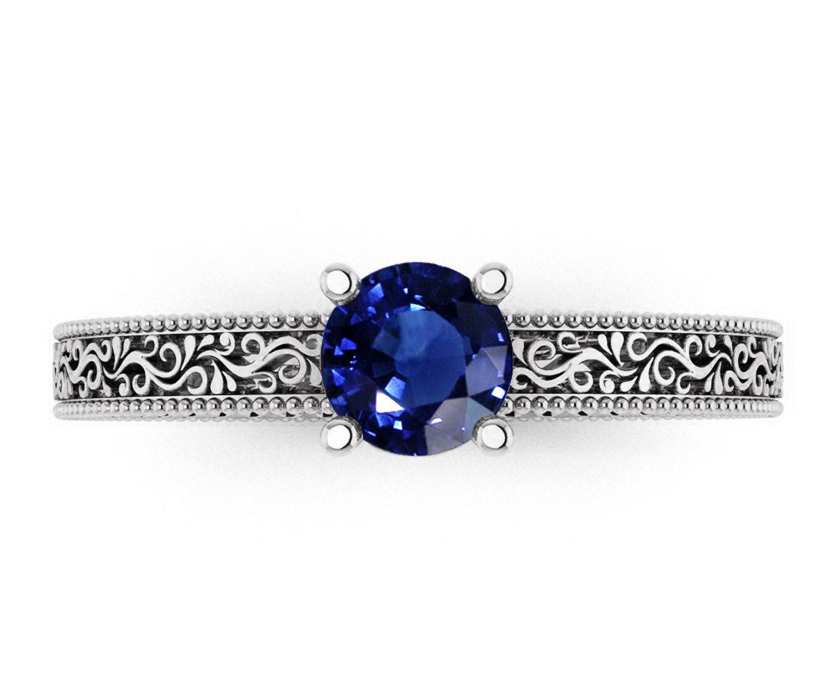 White Gold Solitaire Filigree Sapphire Ring Unique Blue Sapphire Engagement ring Milgrain Ring 18K Ring