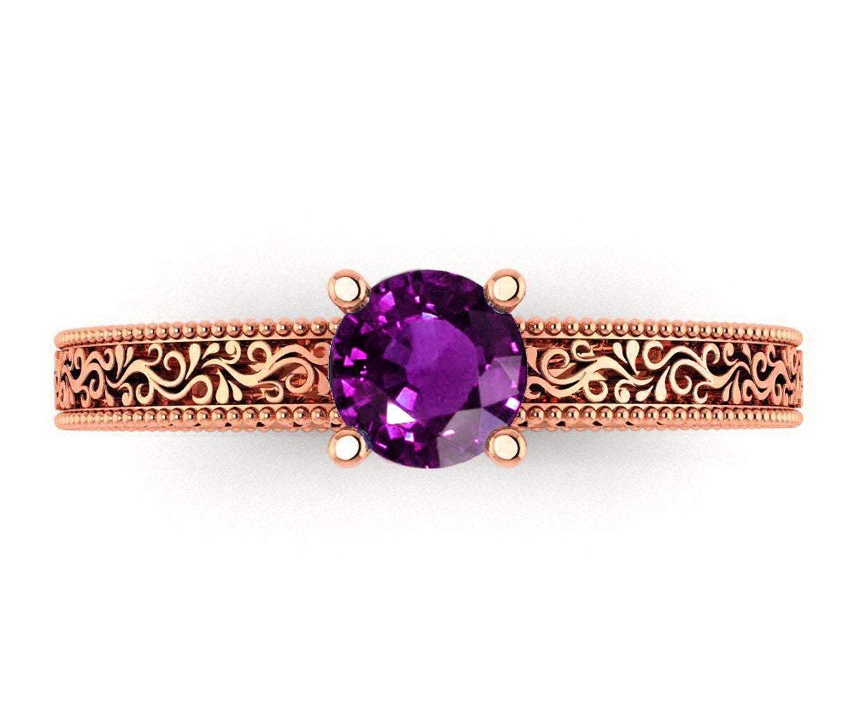 18K Rose Gold Solitaire Filigree Amethyst Ring Unique Purple Amethyst Engagement Ring  Milgrain Ring Ring
