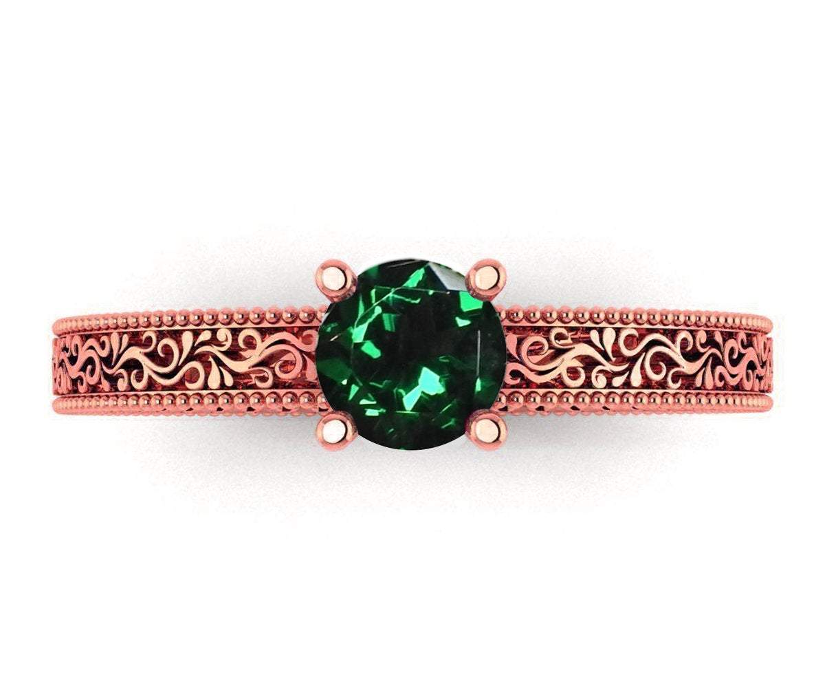 Solitaire Filigree Emerald Ring Unique Green Emerald Engagement Ring Milgrain Ring 18K Yellow Gold Ring - Lianne Jewelry