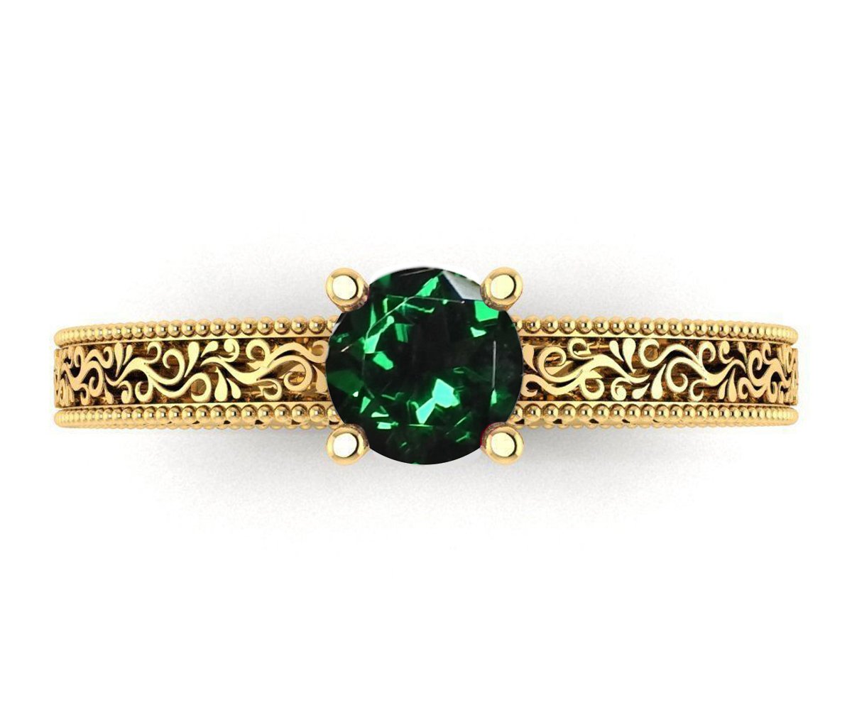 18K Rose Gold Solitaire Filigree Emerald Ring Unique Milgrain Engagement Ring