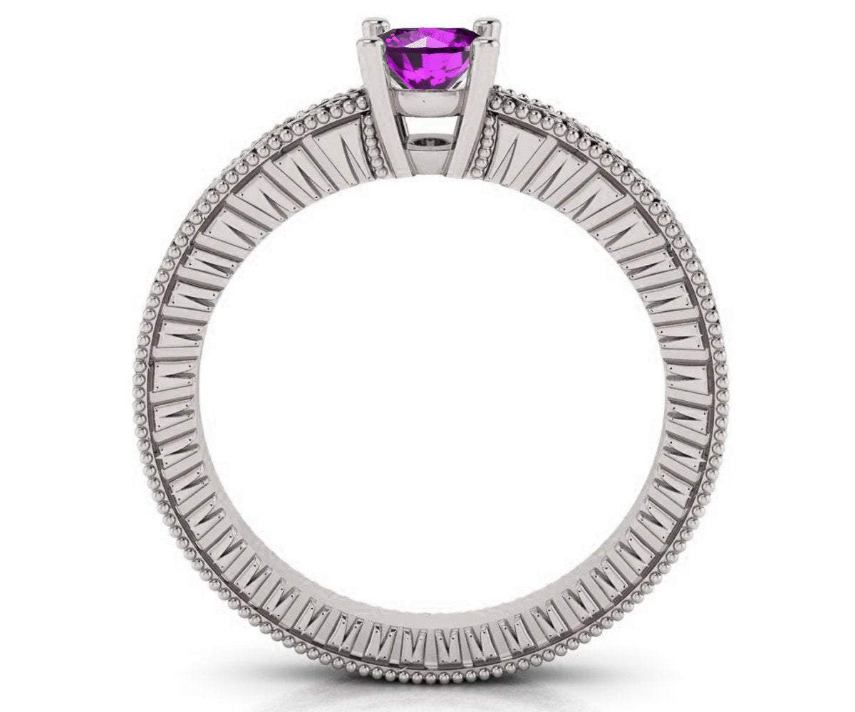 18K White Gold Solitaire Filigree Amethyst Ring Unique Purple Amethyst Engagement Ring  Milgrain Ring Ring