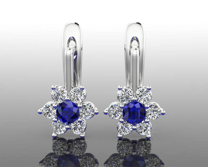 Blue Botanical Earrings Gold Earrings Art Nouveau Sapphire Earrings Diamond Earrings Leverback Earrings Flower Earrings in White gold