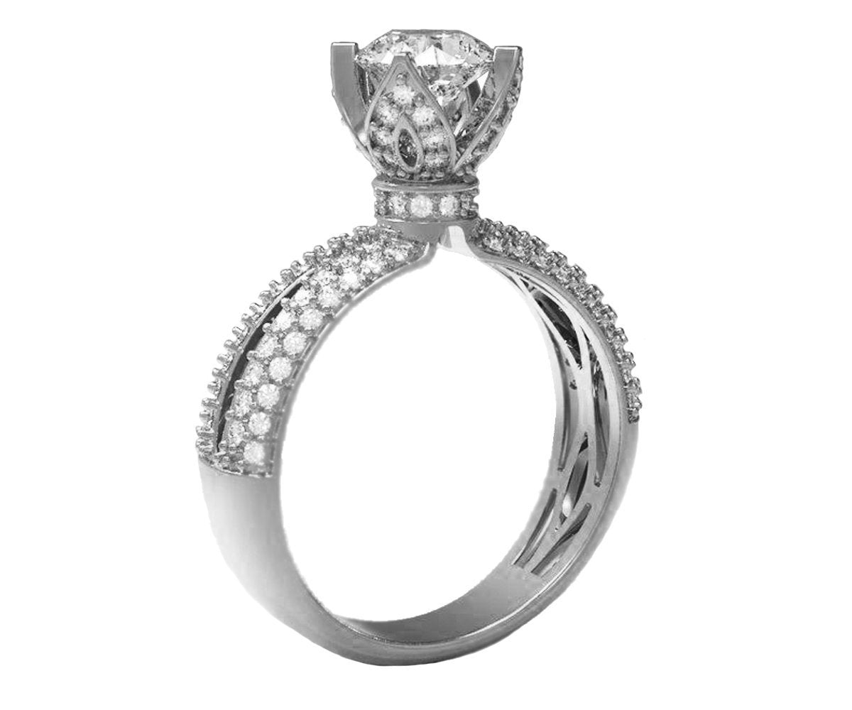 18K Rose Gold Filigree Crown Ring High Setting Unique Engagement Ring with Princess Split Shank Pave setting Ring
