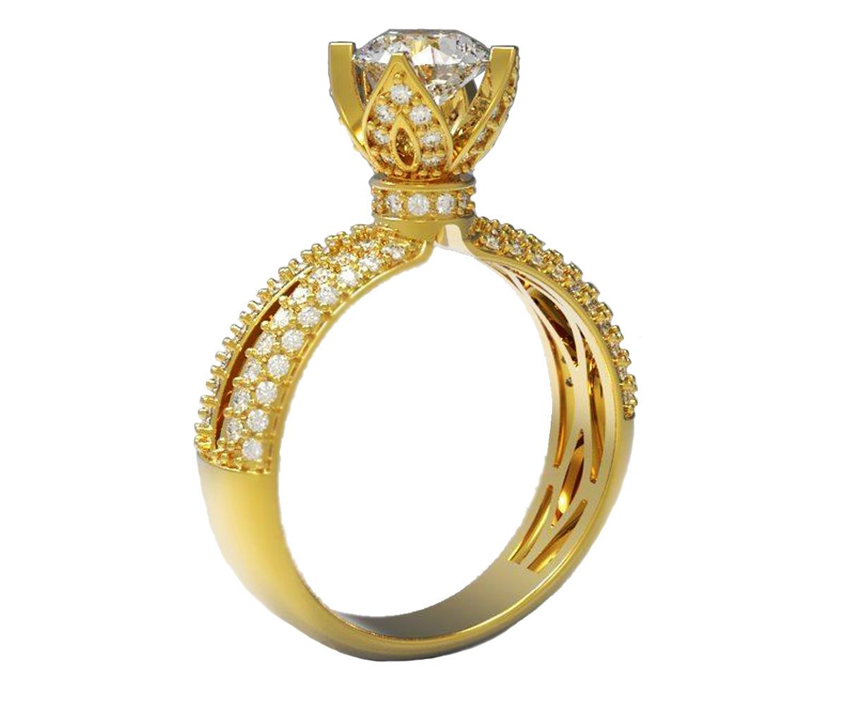 18K Rose Gold Filigree Crown Ring High Setting Unique Engagement Ring with Princess Split Shank Pave setting Ring
