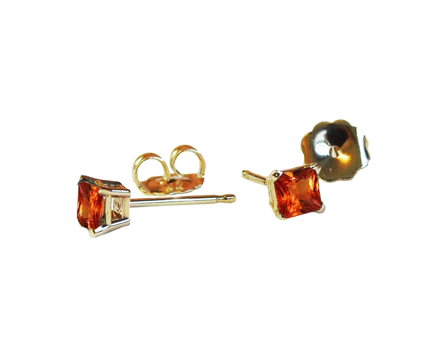 Square Orange Studs Princess Stud Earrings Girls Sapphire Earrings 14K Gold Studs Minimalist Earrings Earrings