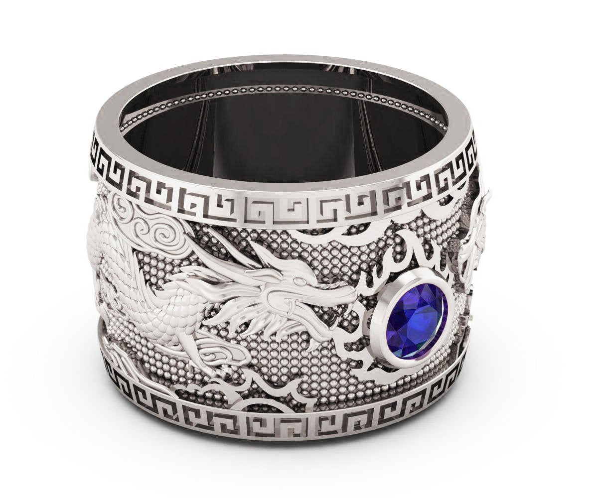 Heavy Dragon Men's Sapphire Silver Ring, Large Engraved Ring