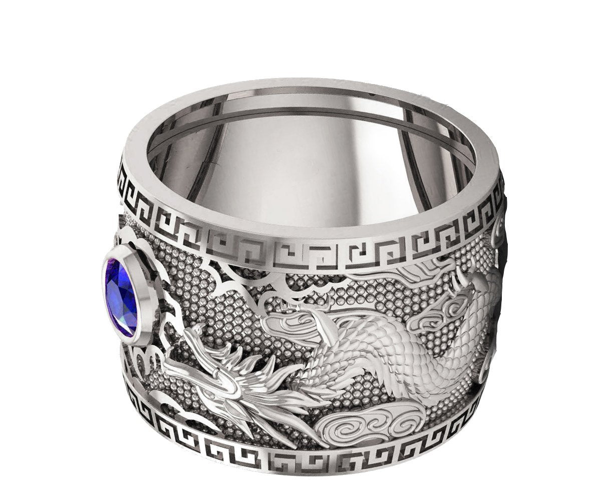 Heavy Dragon Men's Sapphire Silver Ring, Large Engraved Ring