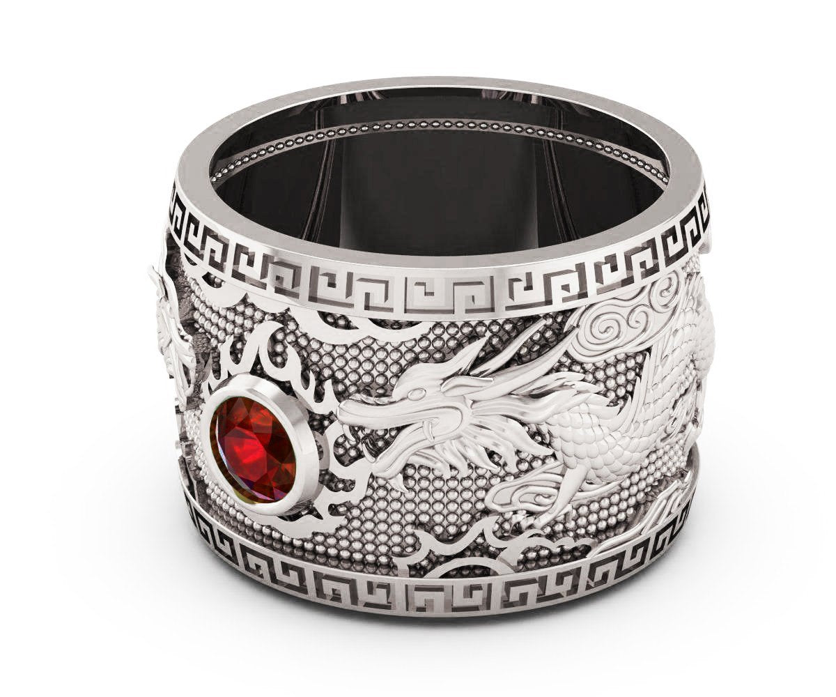 Ruby Dragon Ring with Ruby Wide Silver Mens Ring Genuine Ruby Heavy Ring Gift for Man Large Engraved Dragon Band