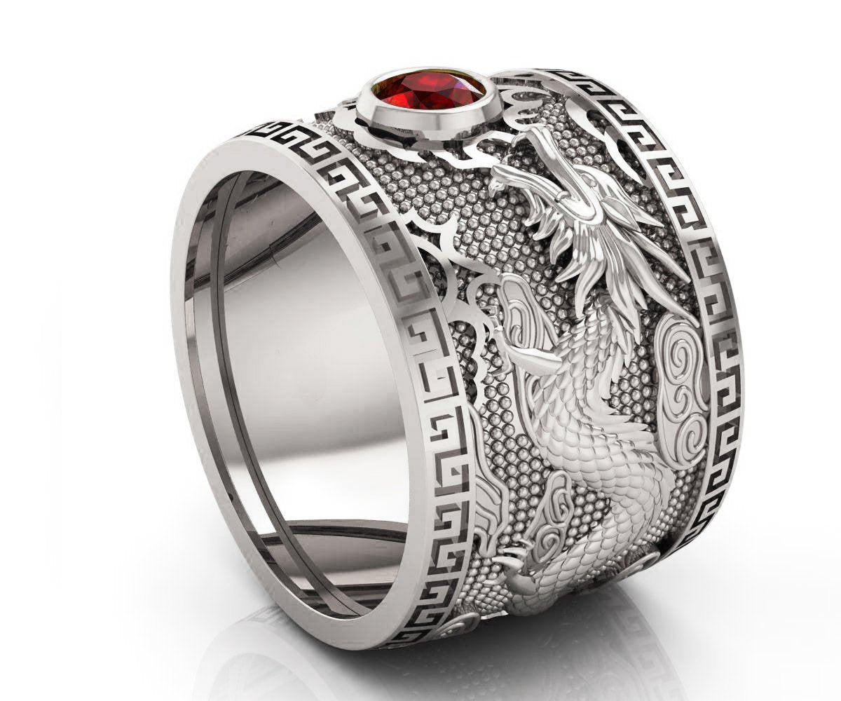 Ruby Dragon Ring with Ruby Wide Silver Mens Ring Genuine Ruby Heavy Ring Gift for Man Large Engraved Dragon Band