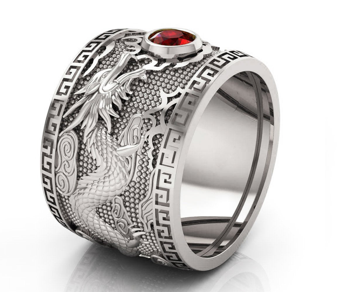 Ruby Dragon Ring with Ruby Wide Silver Mens Ring Genuine Ruby Heavy Ring Gift for Man Large Engraved Dragon Band