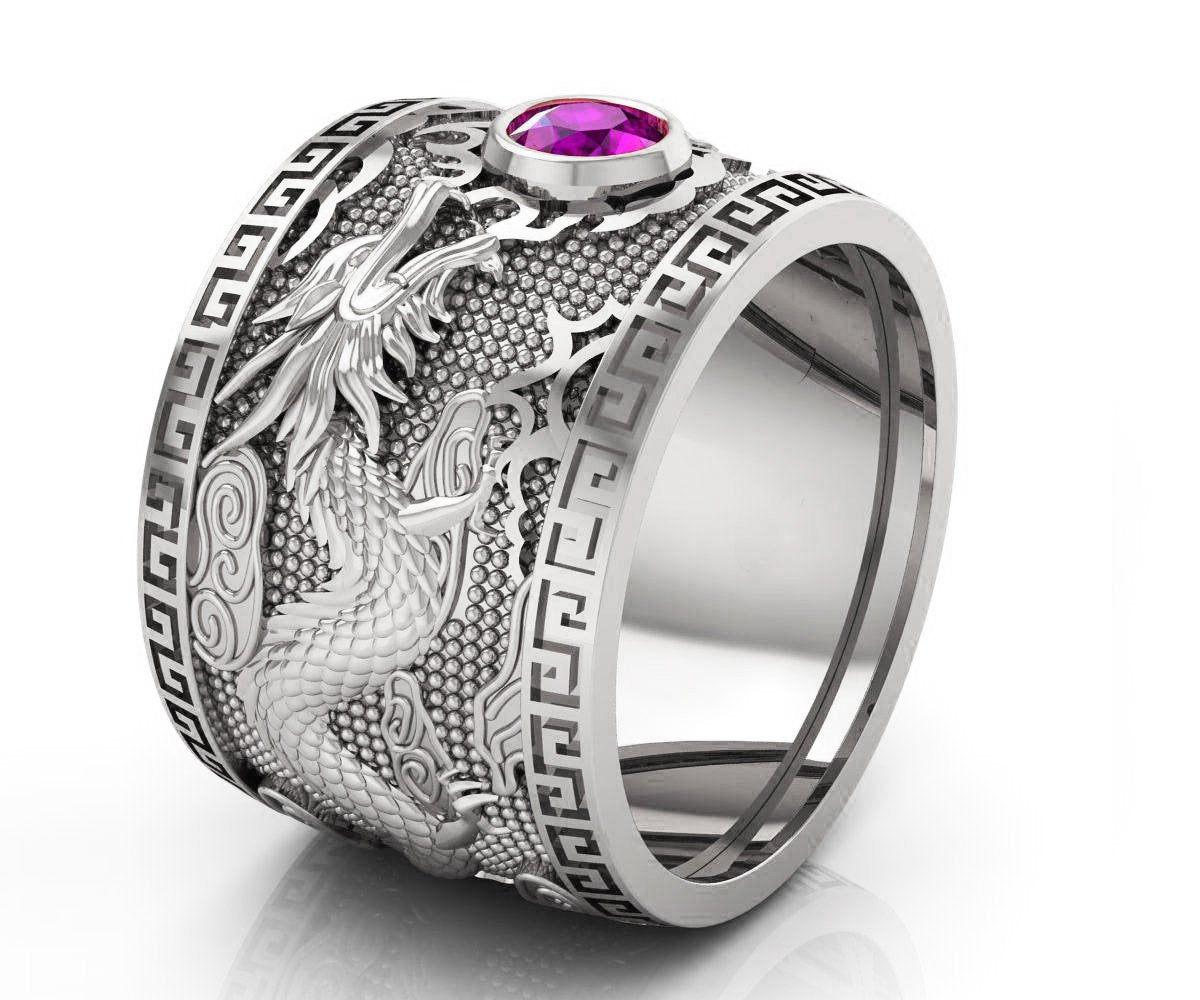 Heavy Amethyst Silver Dragon Mens Ring Genuine Purple Gemstone Ring Gift for Man Large Big Green Engraved Ring - Lianne Jewelry