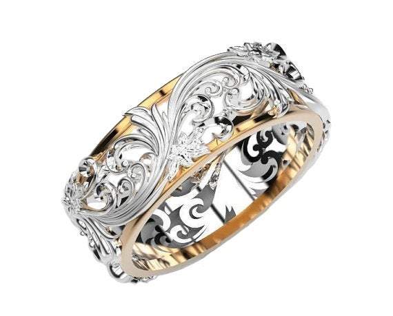 Filigree Engagement Ring, 18K Leaf Wedding Band, 2 Tone Wedding Ring, Celtic ring, Floral Jewelry