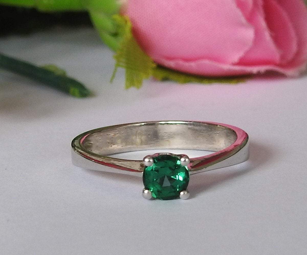 Liquidation SALE 50% Off, Solitaire Emerald Silver Ring Engagement Ring