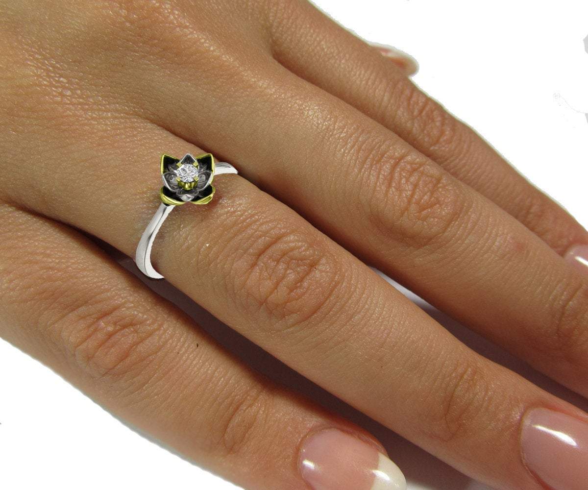 18K Lotus Flower Engagement Ring, Diamond Leaves Ring, 2 tone Gold Ring