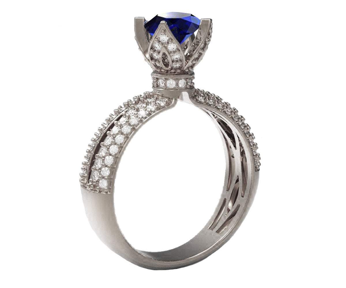 18K White Gold Sapphire Crown Ring Filigree Solitaire Blue Ring ring Unique Engagement Ring Split Shank Pave setting Ring - Lianne Jewelry