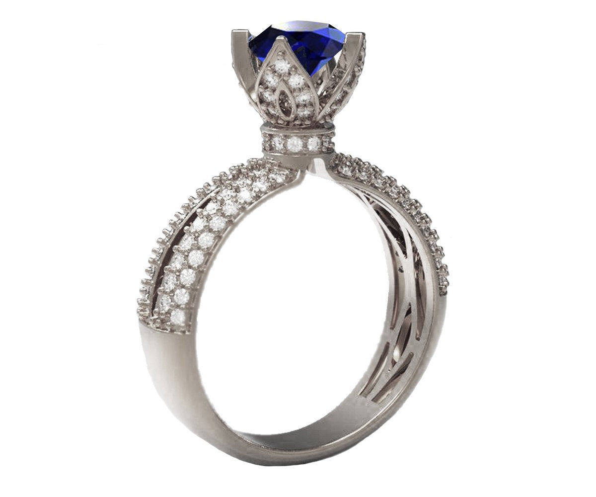 18K Rose Gold Sapphire Crown Ring Filigree Solitaire Blue Ring ring Unique Engagement Ring Split Shank Pave setting Ring