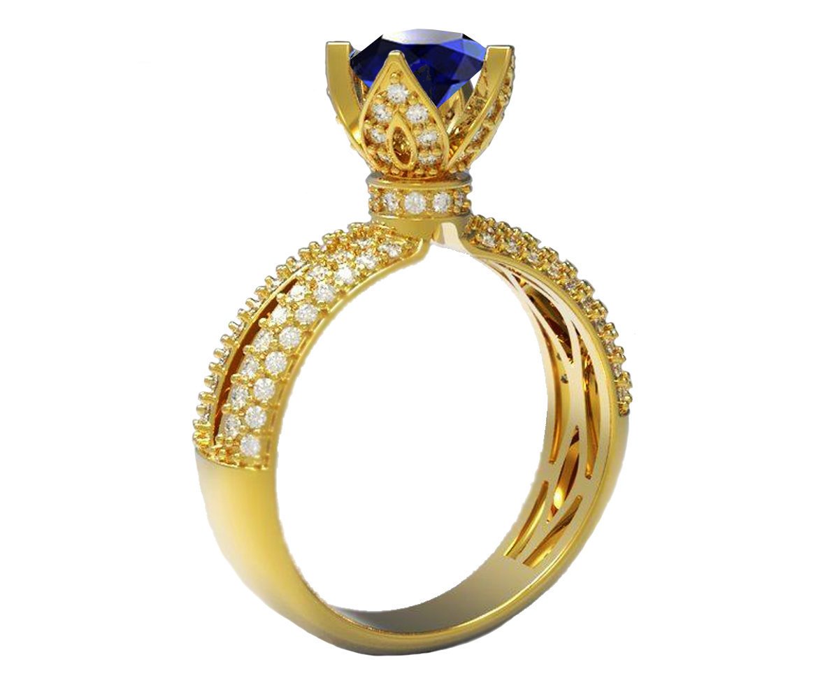 18K Rose Gold Sapphire Crown Ring Filigree Solitaire Blue Ring ring Unique Engagement Ring Split Shank Pave setting Ring