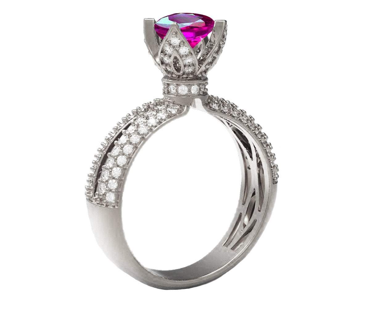 Amethyst Crown Ring Filigree Solitaire Purple Ring 18K Gold ring Unique Engagement Ring Split Shank Pave setting Ring