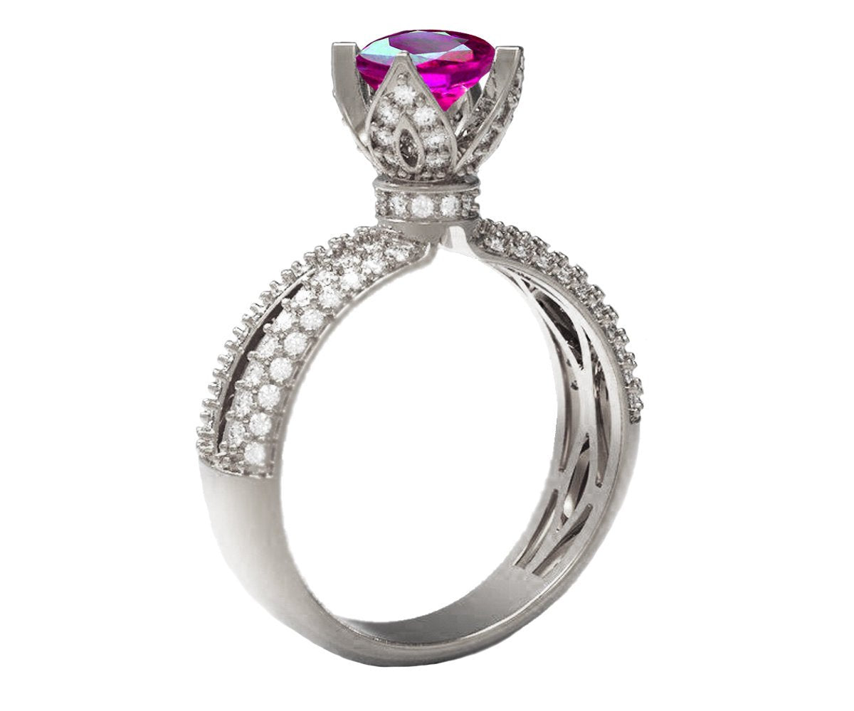 White Gold Amethyst Crown Ring Filigree Solitaire Purple 18K Unique Anniversary Ring Split Shank Pave setting Ring - Lianne Jewelry