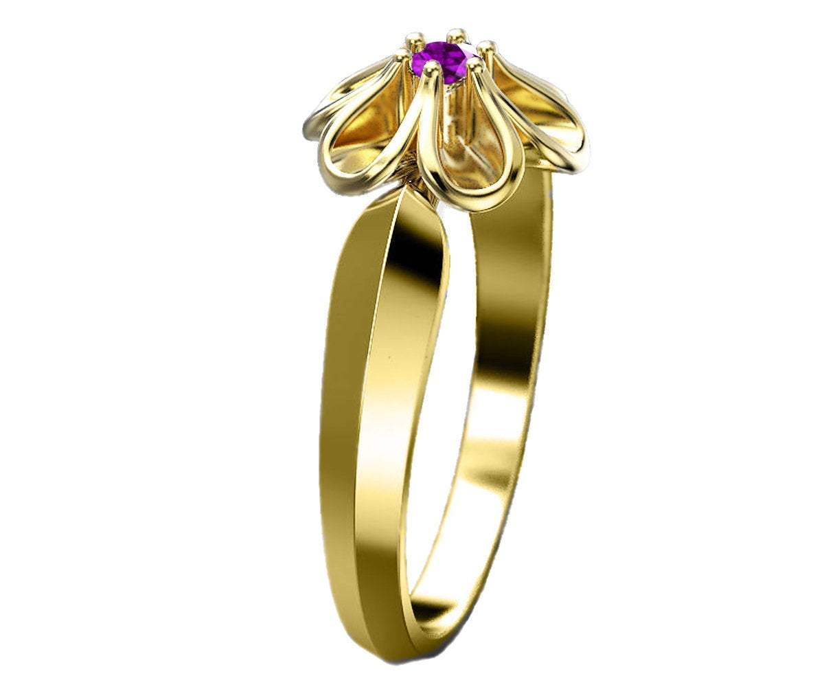 18K Yellow gold Flower Ring with Amethyst Solitaire Flower Ring Leaves Ring Promise Ring Unique Engagement Ring