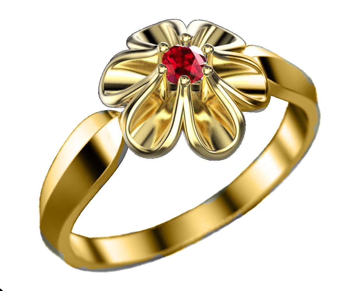 18K Yellow gold Flower Ring with Ruby Solitaire Flower Ring Leaves Ring Promise Ring Unique Engagement Ring