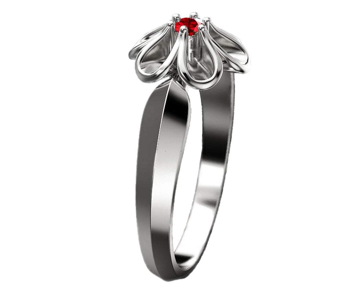 Leaves Engagement Ring 18K White gold Flower Ring with Ruby Solitaire Flower Ring Leaves Ring Promise Ring Unique Engagement Ring