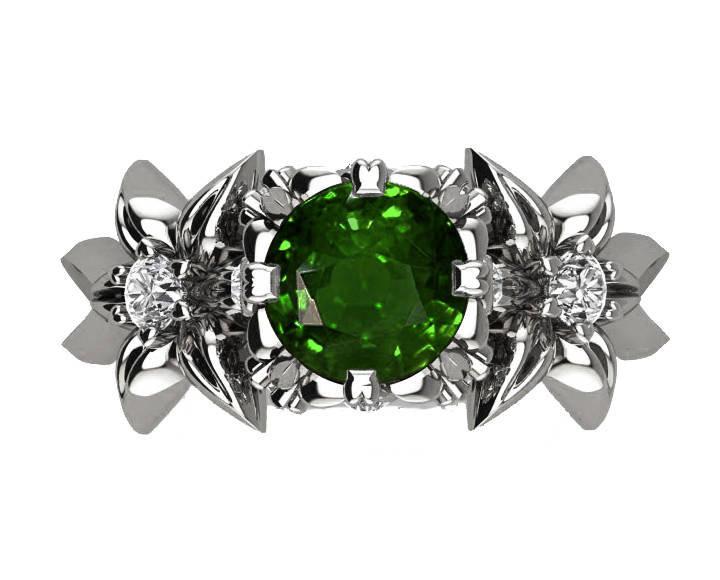 Flower Ring Emerald Filigree ring Gold ring Art Nouveau unique Engagement ring Solid Gold Emerald ring Flower design in White gold - Lianne Jewelry
