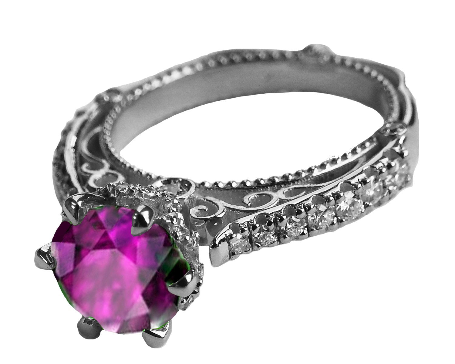18K Amethyst Edwardian Filigree Flower Unique Diamond Engagement Ring 6 prongs