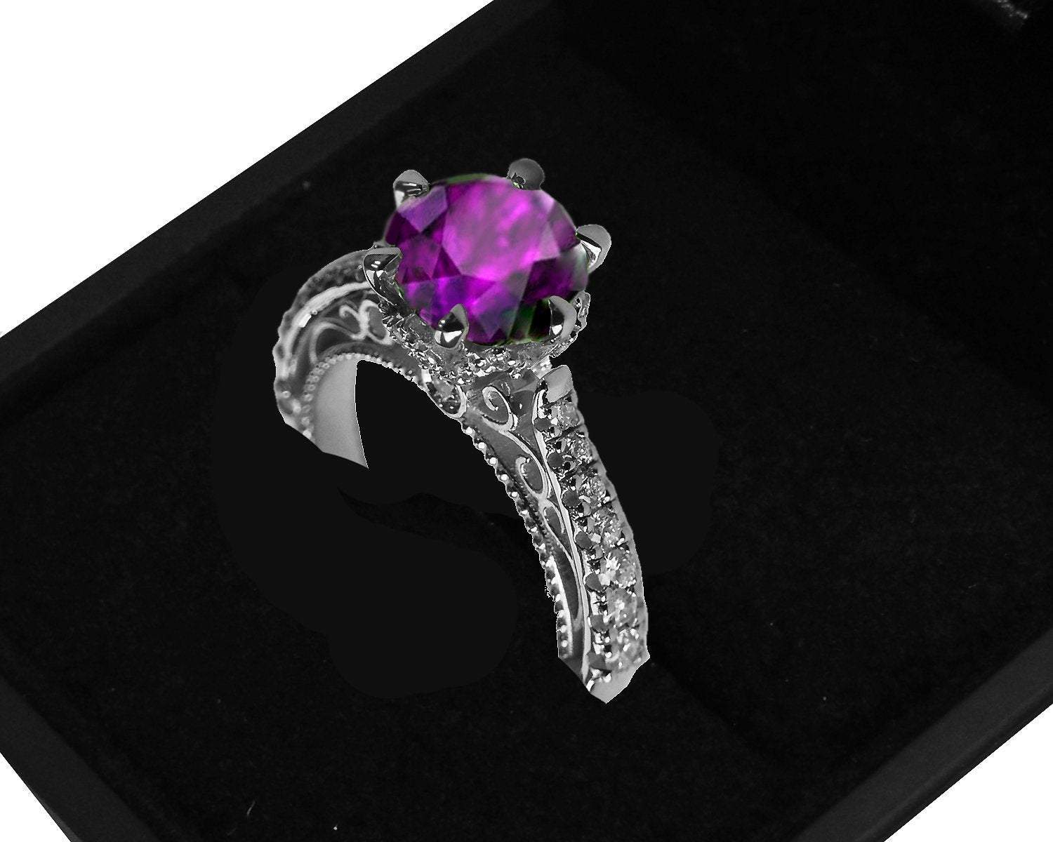 18K Amethyst Edwardian Filigree Flower Unique Diamond Engagement Ring 6 prongs - Lianne Jewelry